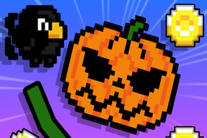 Pixelkunst van een Halloween-pompoen met vleermuis en munten