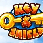 Logo van het spel Key & Shield met een gouden sleutel en schild tegen een blauwe luchtachtergrond