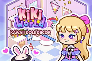 Schattige pastelillustratie van een blond anime-meisje met paarse ogen in een kawaii slaapkamer vol hartjes, sterren en konijnen