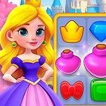 Blonde prinses naast een match-3 puzzelspel met kleurrijke iconen zoals kronen en schilden