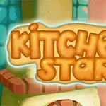 Logo van Kitchen Star met een kleurrijke, cartoonachtige keukenachtergrond