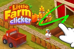 Screenshot van het spel Little Farm Clicker met een rode vrachtwagen, een kip en wortels op een boerderij