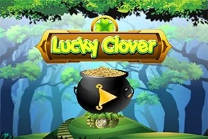 Pot met goud en klavertjes vier in een bosrijke omgeving met Lucky Clover banner