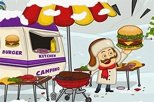 Cartoon van een man die burgers grilt bij een camper in de winter