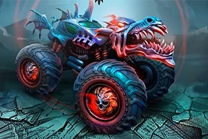 Fantasierijke monstertruck met draakontwerp in blauw en rood op een gebarsten ondergrond