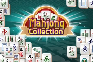 Logo met de tekst Mahjong Collection, omringd door mahjongstenen tegen een groen stralende achtergrond