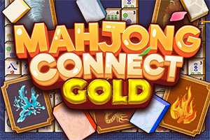 Kleurrijk logo met de tekst Mahjong Connect Gold, omringd door mahjongtegels en speelkaarten met vuur- en ijskristallen
