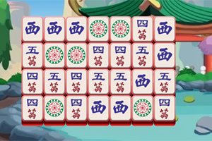 Mahjong spel met Chinese tekens en ornamenten op de stenen, met een Aziatisch landschap op de achtergrond