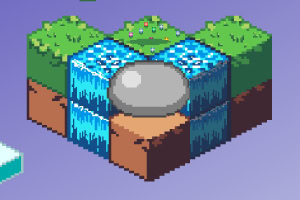 Pixelart van een isometrische waterval en vijver op een zwevend eiland met bomen