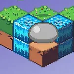 Pixelart van een isometrische waterval en vijver op een zwevend eiland met bomen