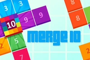 Kleurrijk puzzelspel met nummerblokken en de tekst Merge 10