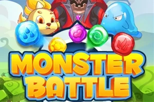 Kleurrijke afbeelding van het spel Monster Battle met cartoonachtige monsters en glanzende edelstenen