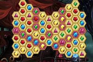 Kleurrijk puzzelspel met hexagonale juwelen in hartvorm op een circusachtergrond