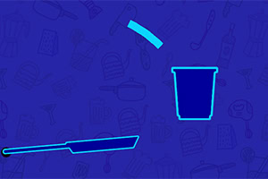 Blauwe achtergrond met neon keukengerei-illustraties, waaronder een pan, drinkbeker en keukenhulpmiddelen