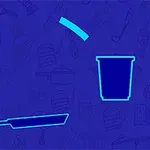 Blauwe achtergrond met neon keukengerei-illustraties, waaronder een pan, drinkbeker en keukenhulpmiddelen