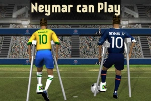 Voetbalcomputerspel met karikaturen van Neymar in Braziliaanse en PSG tenues op krukken in een stadion, Neymar can Play tekst