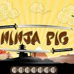 Schermopname van het spel Ninja Pig met een ninja-varken, een groen monster, en Japanse stijl achtergrond