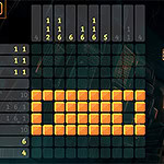 Nonogram Saga Screenshot van een genummerd rasterpuzzelspel met lichtgevende oranje vakjes in een donkere, futuristische interface