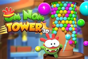 Kleurrijke 3D-afbeelding van Nom Nom Tower met een blij cartoonfiguur en een toren van gekleurde ballen