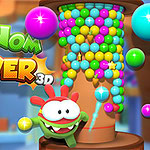Kleurrijke 3D-afbeelding van Nom Nom Tower met een blij cartoonfiguur en een toren van gekleurde ballen