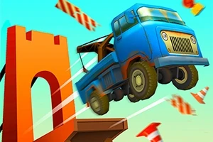 Blauwe truck springt over een oranje schans in een cartoonachtige stijl