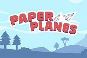 Illustratie met Paper Planes tekst en een papieren vliegtuigje boven een bos en bergen in een blauwe sfeer