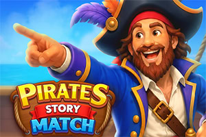 Lachende piraat in blauw uniform wijst naar links naast het logo Pirates Story Match