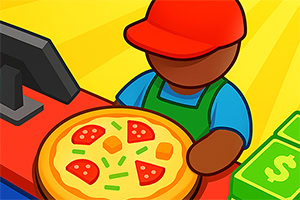 Een cartoonfiguur met een rood petje en blauwe schort staat achter een toonbank met een pizza en stapels geld, naast een kassa