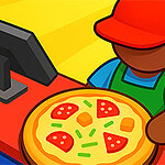 Een cartoonfiguur met een rood petje en blauwe schort staat achter een toonbank met een pizza en stapels geld, naast een kassa