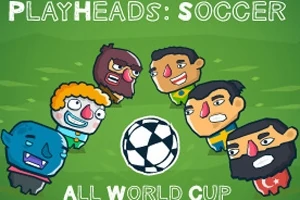 Kleurrijke getekende voetbalspelers en een voetbal met de tekst Playheads: Soccer All World Cup