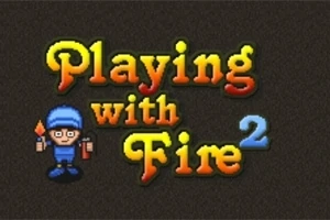 Logo van Playing with Fire 2 met kleurrijke tekst en een cartoonfiguur met blauwe muts en fakkel