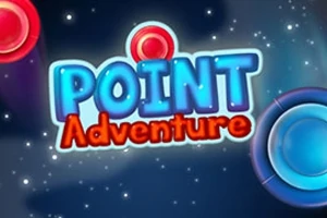 Logo van Point Adventure met kleurrijke tekst en planeten op een donkere sterrenhemel achtergrond