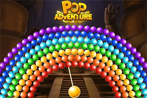 Regenboogboog van kleurrijke ballen met een gele bal op een houten baan en het logo Pop Adventure bovenaan