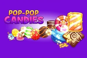 Kleurrijk logo van Pop-Pop Candies met diverse gesuikerde snoepjes op een paarse achtergrond