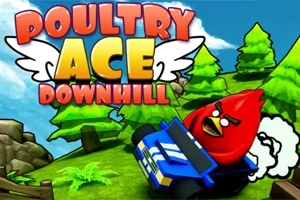 Rode vogel in een blauwe raceauto bij het spel Poultry Ace Downhill met een achtergrond van groene bomen en stenen