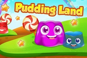 Gekleurde, lachende pudding karakters in een kleurrijke spelomgeving genaamd Pudding Land