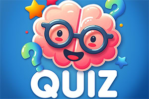 Vrolijk cartoonbrein met bril, vraagtekens en sterren boven het woord QUIZ