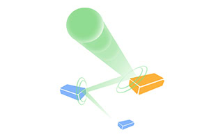 Abstracte 3D-illustratie met een groene lichtstraal, zwevende ringen en blauwe en oranje blokken op een witte achtergrond
