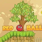 Screenshot van het spel Red Ball, met een rode bal bij een boom, spikes en een vlaggetje