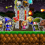 Retro Defenders: Towers' War Pixelkunstafbeelding van avonturiers in verschillende kostuums die vechten tegen een spin bij een kasteel onder een nachtelijke hemel
