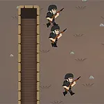 Animatie van ninjas die ladders beklimmen op een aarde achtergrond