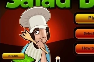 Cartoon chef met houten lepel op een spelmenu achtergrond voor Salad Bar-game