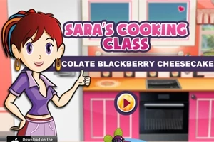 Animatie van een vrouw in een kookklas met de tekst Saras Cooking Class en een recept voor chocolade braambessen cheesecake