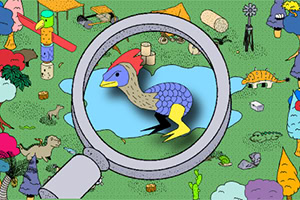 Illustratie van een eend in een vergrootglas omringd door veelkleurige voorwerpen en dieren