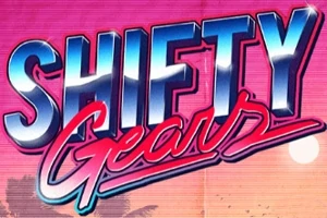 Neonachtig Shifty Gear logo op een roze achtergrond met graffitistijl