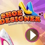 Illustratie van een jonge blonde vrouwelijke schoenontwerper met kleurrijke schoenen en een speelknop voor Shoe Designer-spel