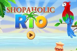 Kleurrijke afbeelding van het spel Shopaholic Rio met een papegaai, palmboom en strandachtergrond