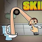 Cartoon van een man met een elastische nek die papieren pakt van een toilet in een badkamer