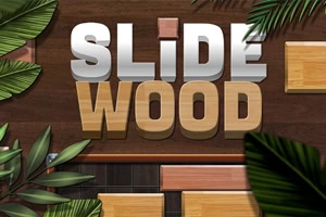 Houten schuifpuzzel met het opschrift SLIDE WOOD, omringd door groene bladeren