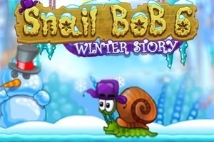 Slak Bob in een winterlandschap met een paarse hoed in het spel Snail Bob 6: Winter Story